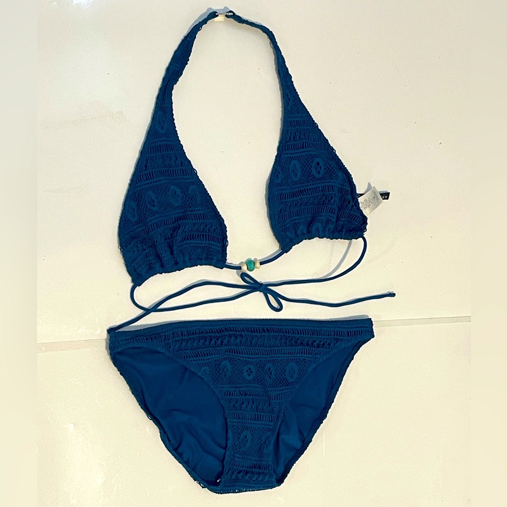 EUC Ladies Ralph Lauren Crocheted Beaded Boho Bathing Suit Blue Meduim/Small